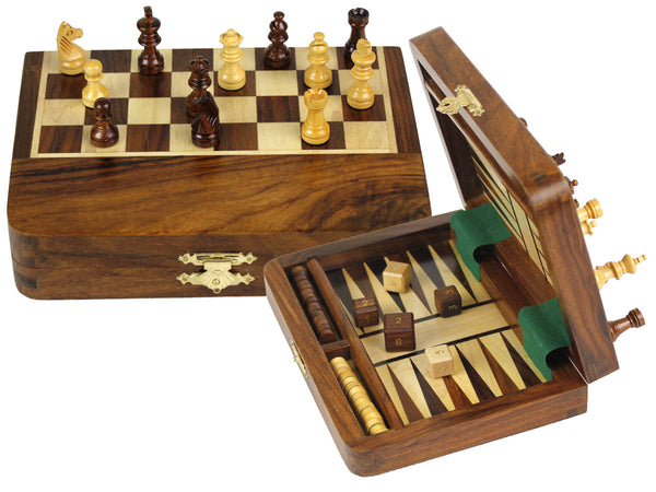 Folding Travel Magnetic Chess Set & Backgammon Combo 7"x5" Golden Rosewood/Maple