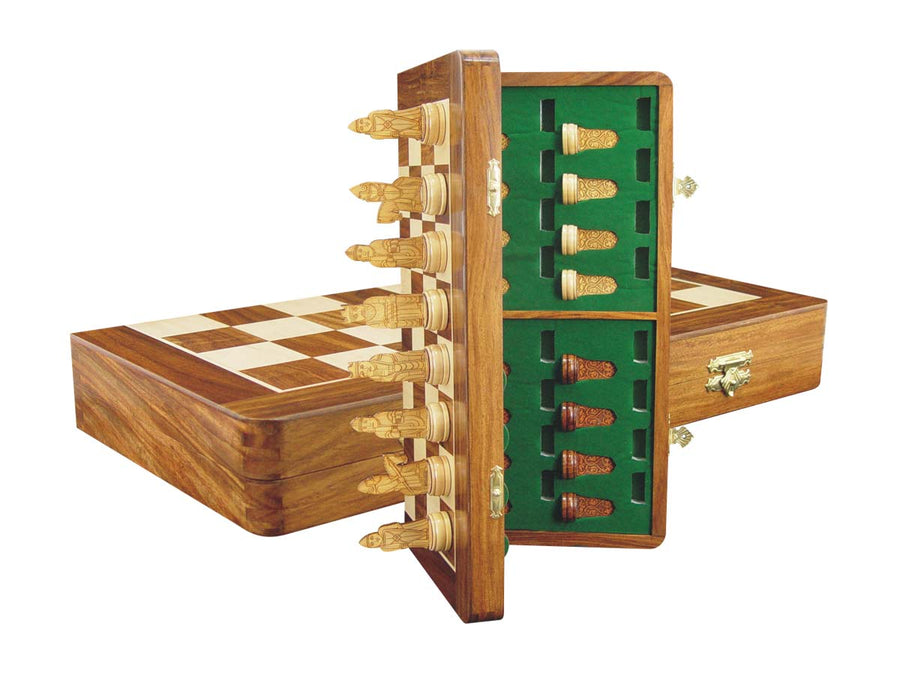 Collector Chess Set Isle of Lewis Theme Magnetic Folding 17" Golden Rosewood/Maple