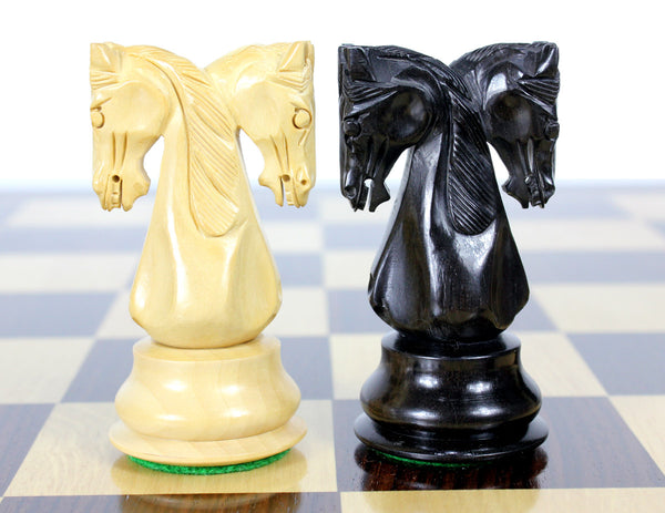 Ebony/Boxwood Chess Set Pieces Twin Knight Staunton 4.6" (117 mm) - Triple Weighted + 2 Extra Queens + Wooden Storage Box