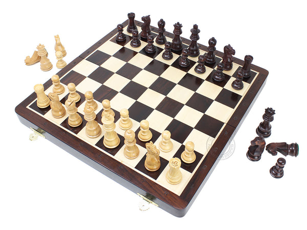 15" Folding Galaxy Staunton Ringy Rosewood 3" Chess Set - Chess Board with Engraved Algebraic Notations - 2 Extra Queens, 4 Extra Knights & 2 Extra Pawns