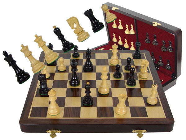 Premier Chess Set Yugo Staunton 3-3/4" Ebony Wood & 18" Folding Chess Board and Box Rosewood/Maple