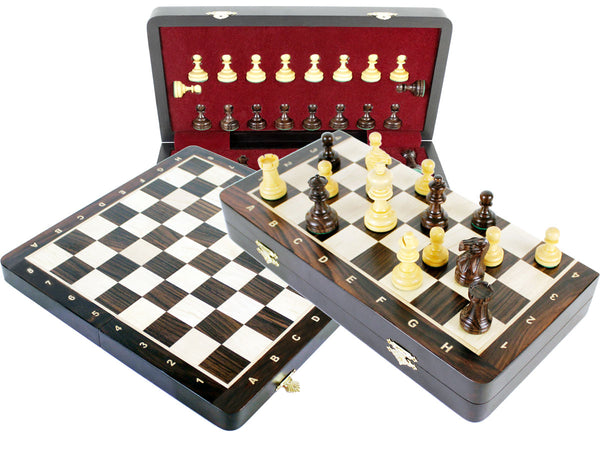 Wooden Chess Set Folding 13" Board + Broad Base Weighted Pieces with 2 Extra Queens and 2 Extra Pawns Rosewood / Maple + Notations