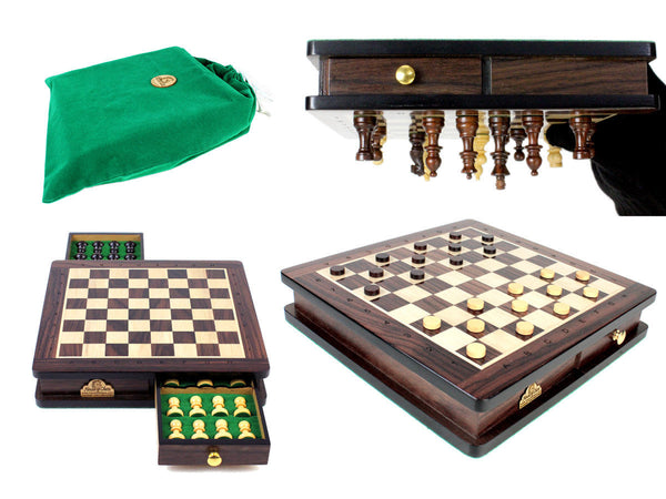 Travel Magnetic Chess Set with Algebraic Notation - 2 Extra Queens & Checkers Set 9 inch in Rosewood/Maple