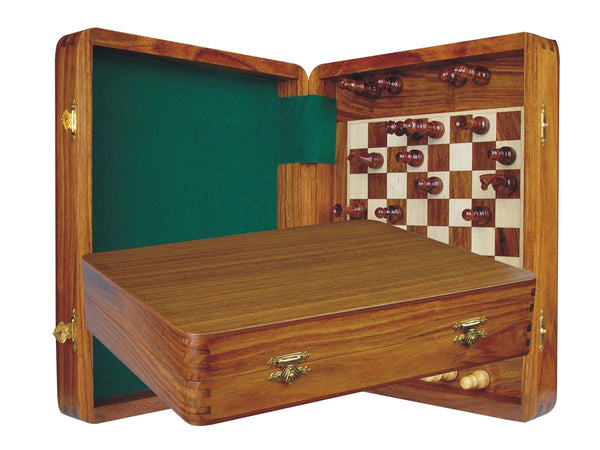 Wood Travel Chess Set Magnetic Board Inside 12"x10" Golden Rosewood/Maple