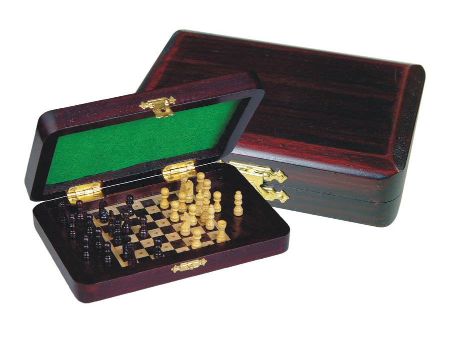 Wood Pegged Chess Set Inlaid Board Inside & Pieces Rosewood/Maple 6"x4"