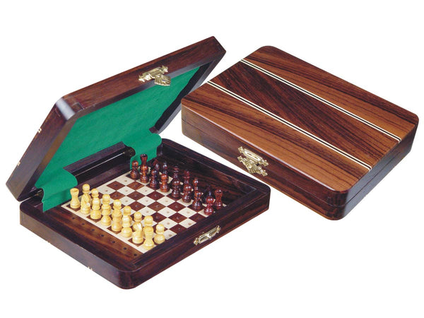 Travel Pegged Chess Set Inlaid Wood Top Board Inside Rosewood/Maple 7"x5"