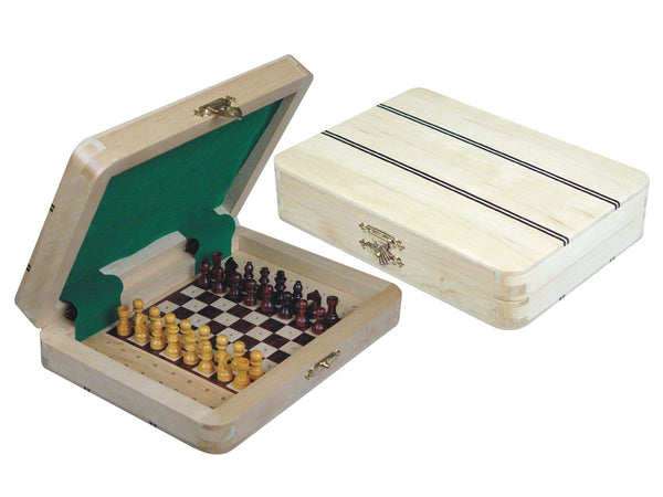 Ebony Inlaid Wood Top Travel Pegged Chess Set 7"x5" White Maple