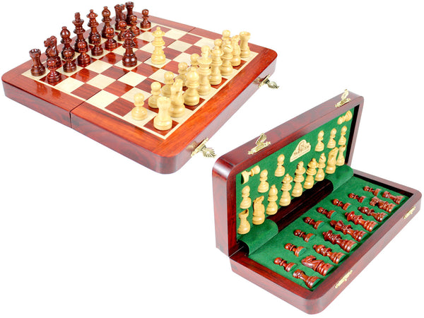 10" Wooden Chess Set Travel Magnetic Folding Board Bud Rosewood + 2 Extra Queens
