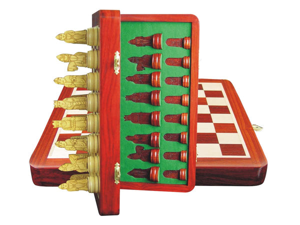 Isle of Lewis Theme Magnetic Chess Set Folding 10" Blood Wood/Maple