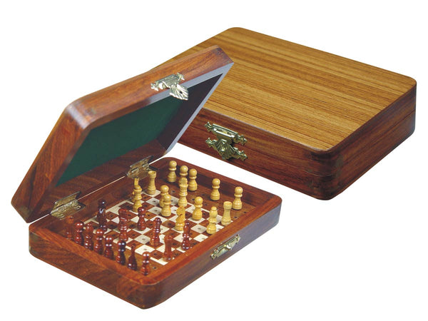 Wood Pegged Chess Set Inlaid Board Inside & Pieces Golden Rosewood/Maple 6"x4"
