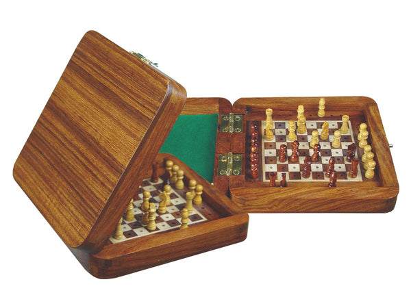 Wooden Pegged Chess Set with Extra Standing Space for Pegs in Golden Rosewood/Maple 6"x6"