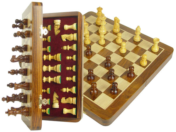 Travel Chess Set Magnetic Folding 12" with 2 Extra Queens, Pawns & 4 Extra Knights Golden Rosewood/Maple