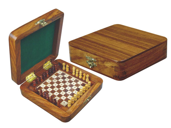 Wooden Pegged Chess Set with Extra Standing Space for Pegs in Golden Rosewood/Maple 5"x5"