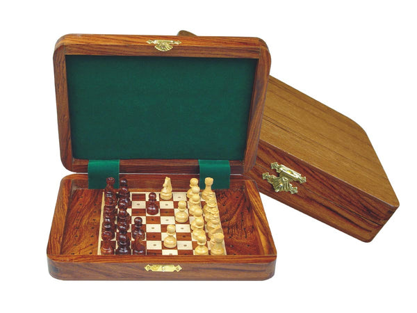 Wood Travel Pegged Chess Set Inlaid Board Inside & Pieces Golden Rosewood/Maple 8"x6"