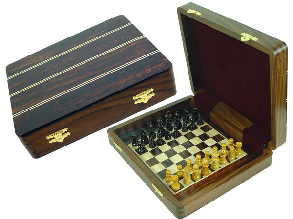 Travel Chess Set Magnetic Board Inside 12"x10" with Ebony Inlaid Wood Top Rosewood/Maple