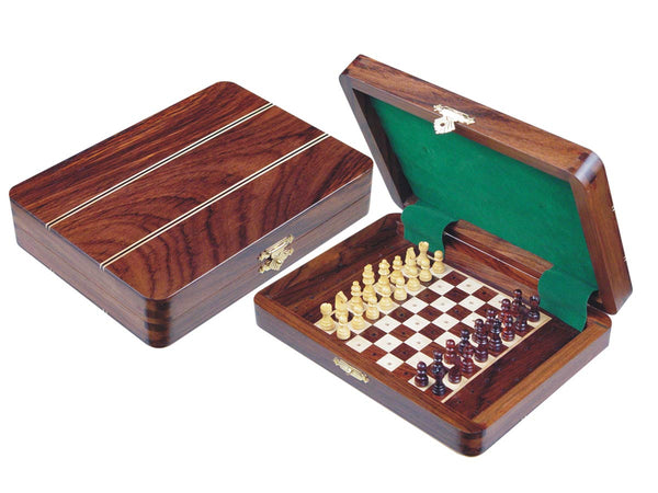 Travel Pegged Chess Set Inlaid Wood Top Board Inside Rosewood/Maple 8"x6"