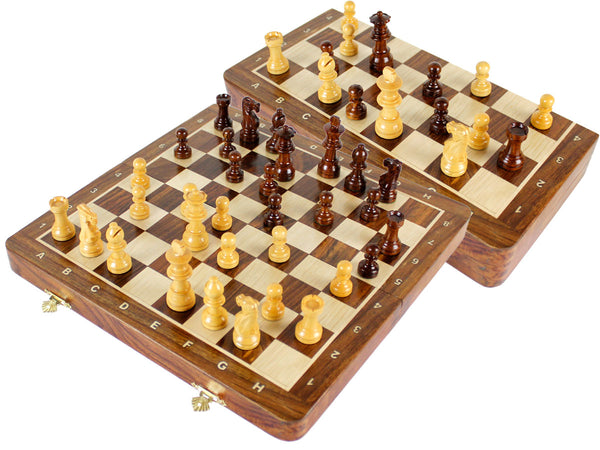 Travel Chess Set Magnetic Folding 12" with 2 Extra Queens, Pawns & 4 Extra Knights Golden Rosewood/Maple and Inlaid Algebraic Notations