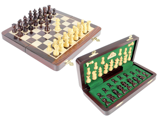 10" Wooden Chess Set Travel Magnetic Folding Board Rosewood + 2 Extra Queens