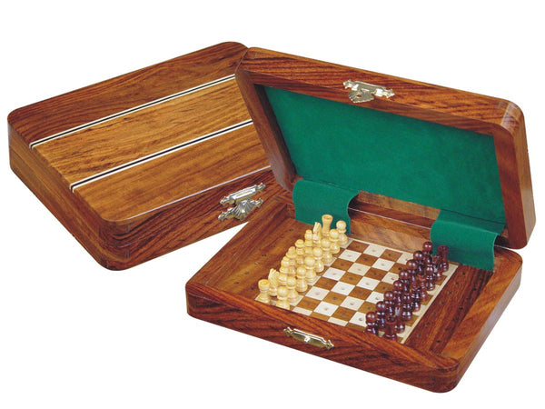 Travel Pegged Chess Set Inlaid Wood Top Board Inside Golden Rosewood/Maple 7"x5"