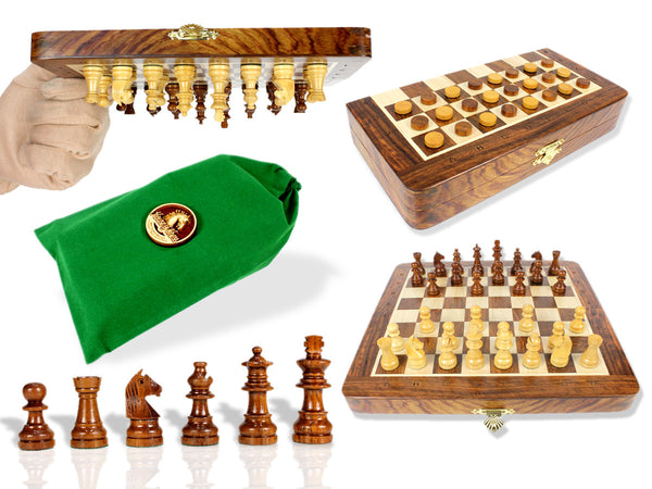 Travel Magnetic Chess Set Folding 9" with 2 Extra Queens, Pawns & Checkers Golden Rosewood/Maple + Algebraic Notations