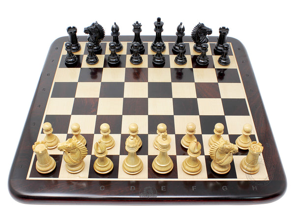 Rio Staunton Biggie Knight Ebonized 3" Chess Set - 17" Ringy Rosewood Flat Chess Board with Algebraic Notations - 2 Extra Queens