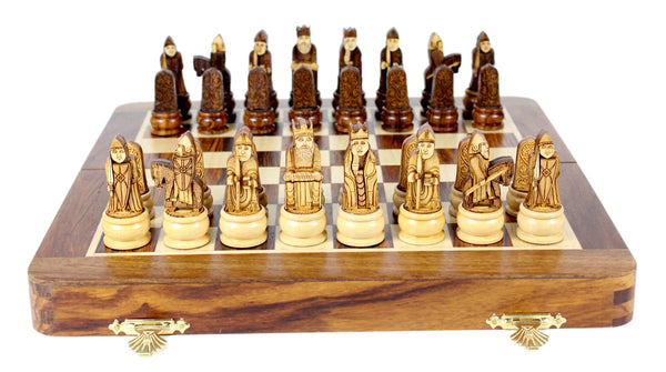 3D Isle of Lewis Theme Magnetic Chess Set Folding 10" Golden Rosewood/Maple
