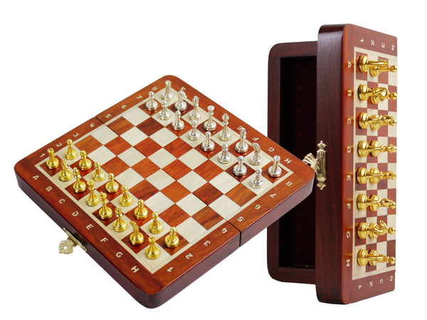 Metal Wood Chess Set Magnetic Folding 9" with Inlaid Algebraic Notations Bloodwood/Maple